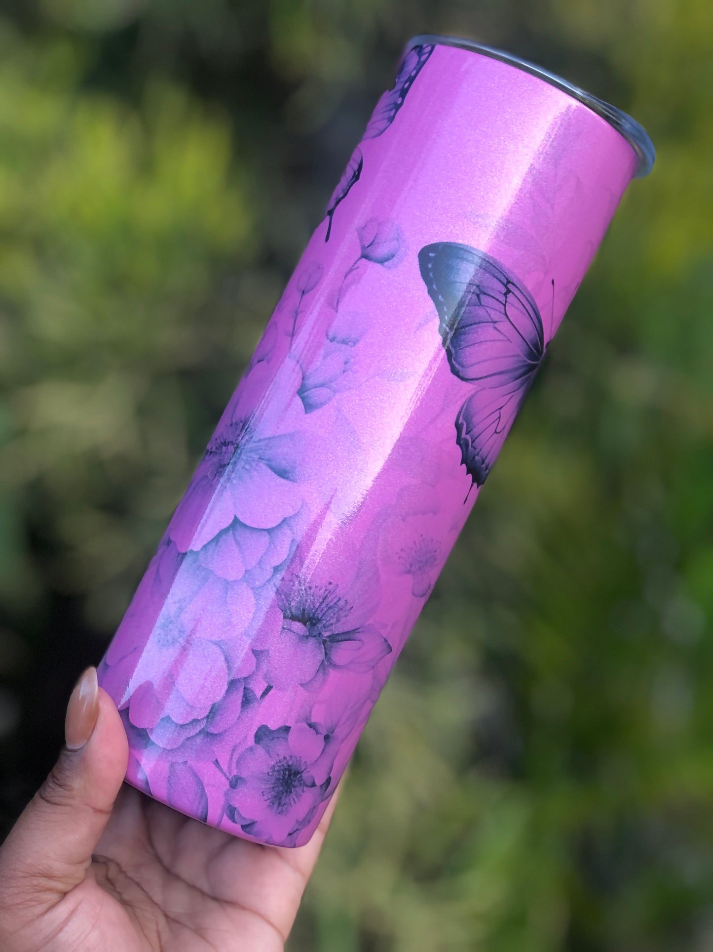 20oz Glitter Pink Tumbler - Black Florals & Butterflies