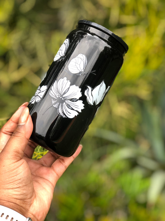 Black Glass Can -  White Florals