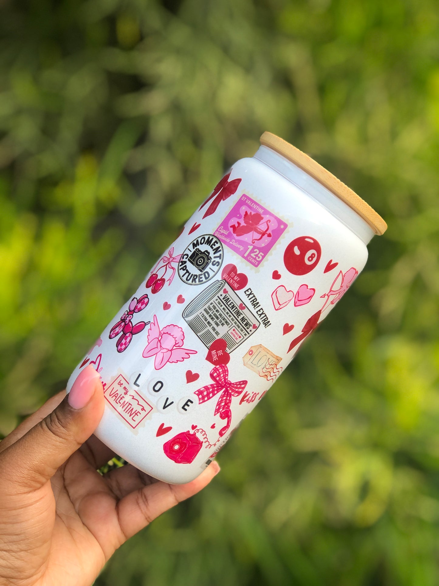 Shimmer Glass Can - Vday Red Doodles