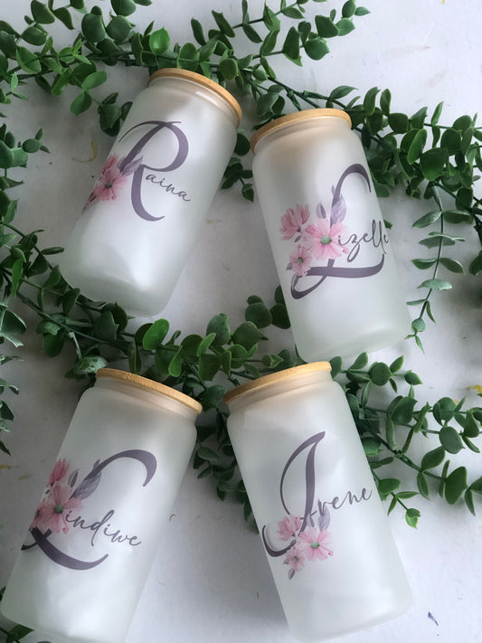 Frosted Glass Can - Floral Alphabet with Name