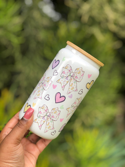 White Shimmer Glass Can - Bunny Pastel Colours