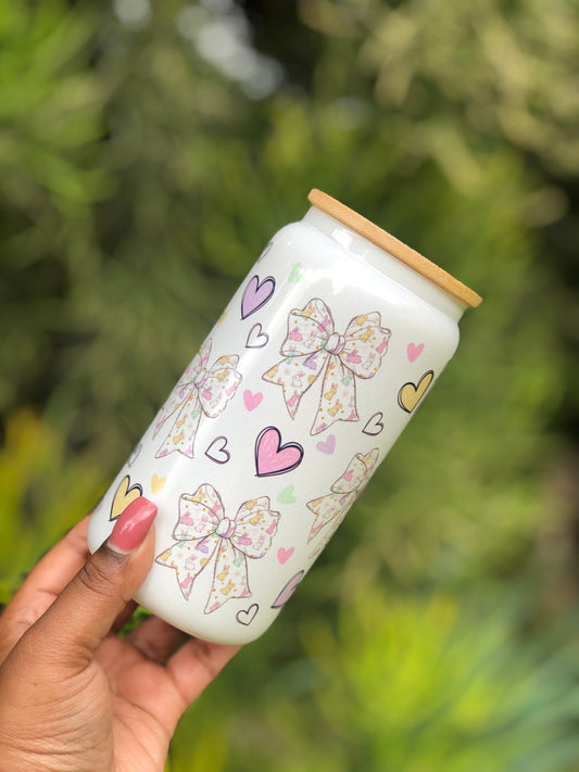 White Shimmer Glass Can - Bunny Pastel Colours