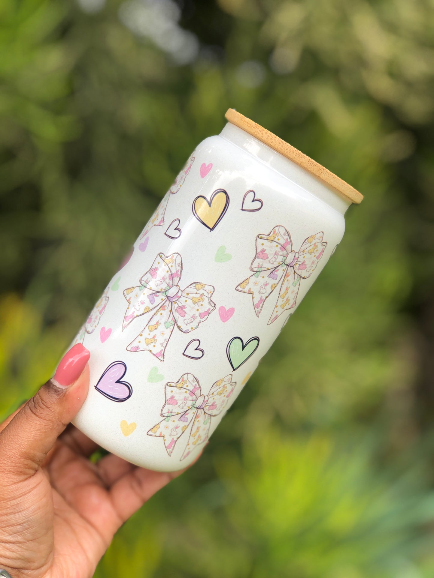 White Shimmer Glass Can - Bunny Pastel Colours