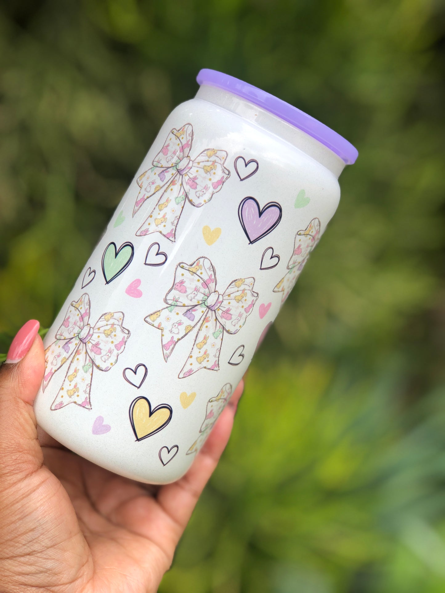 White Shimmer Glass Can - Bunny Pastel Colours