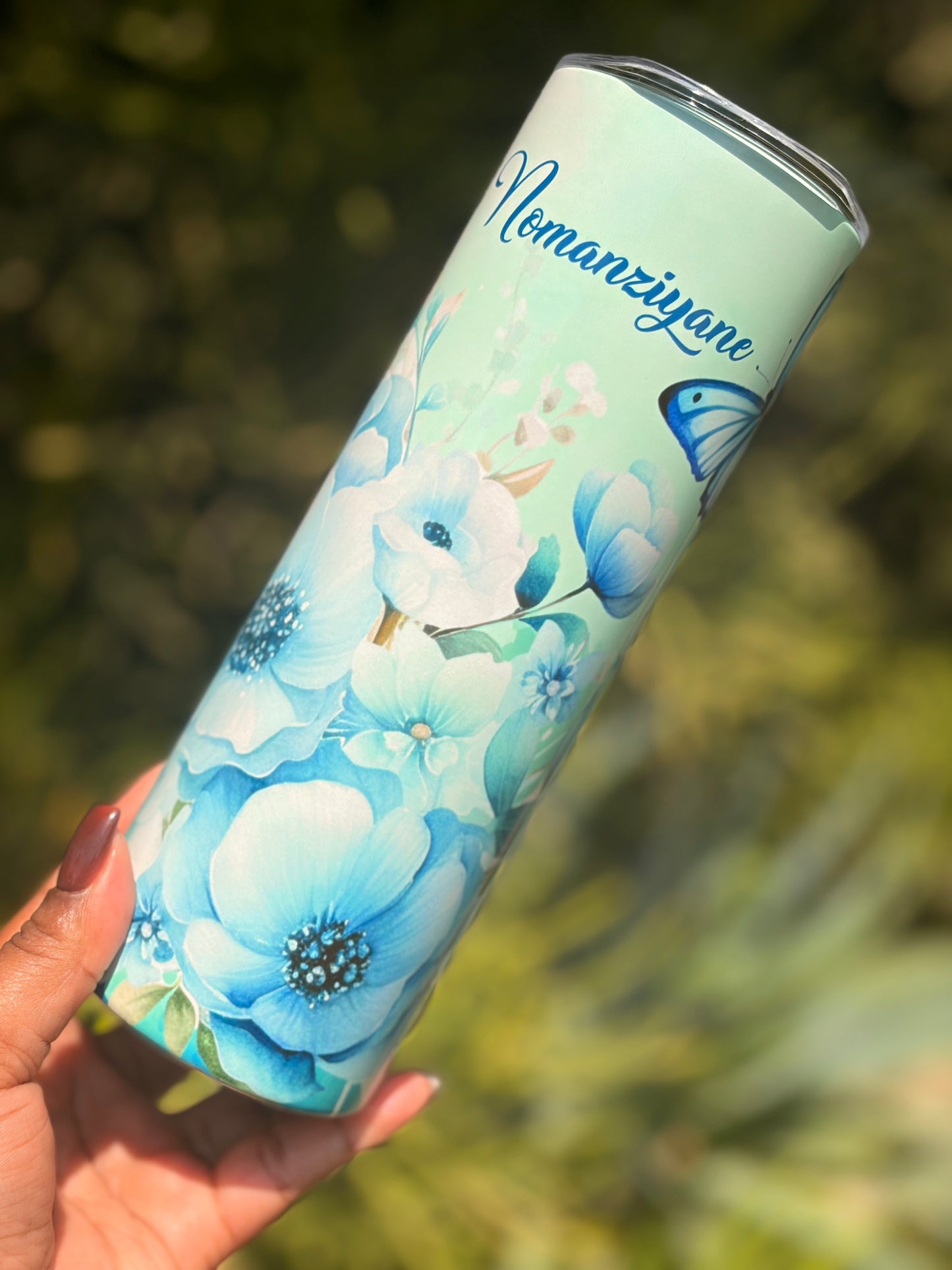 20oz Skinny Tumbler - Blue Butterflies and Florals