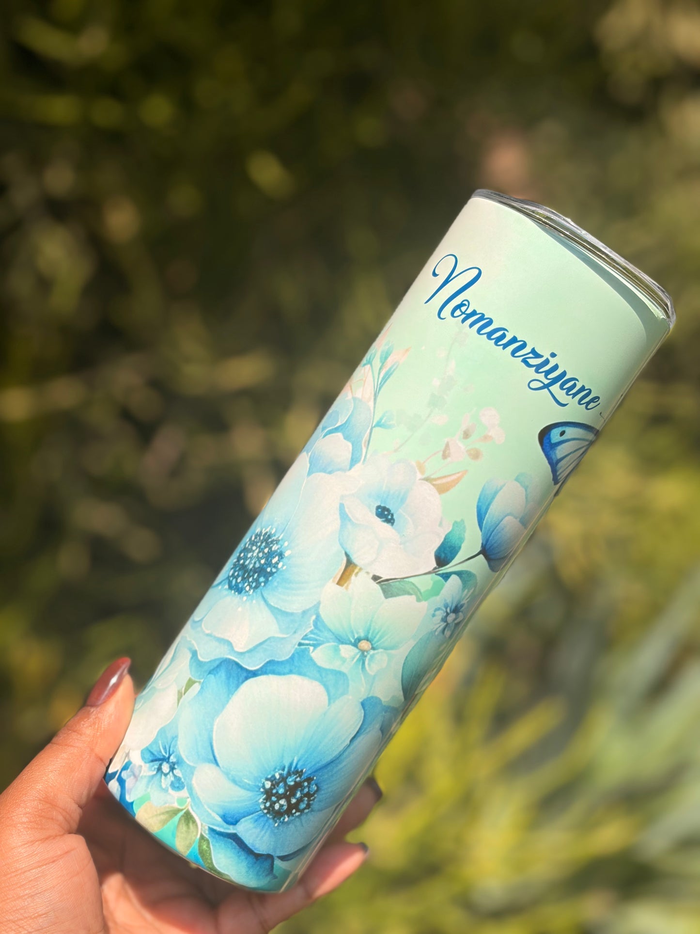 20oz Skinny Tumbler - Blue Butterflies and Florals