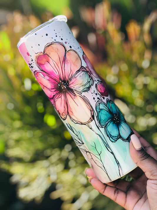 20oz Skinny Tumbler - Colourful Flowers
