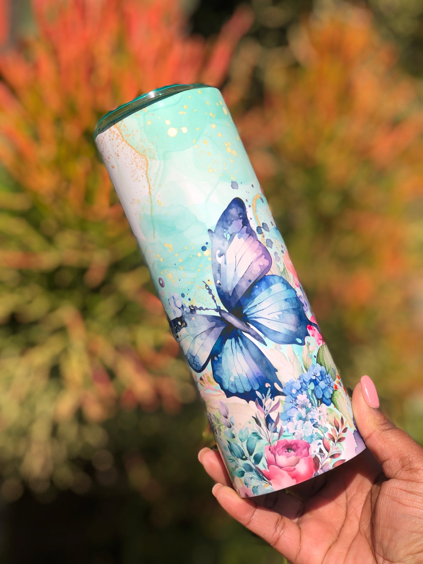 20oz Skinny Tumbler - Butterfly Watercolour Flowers