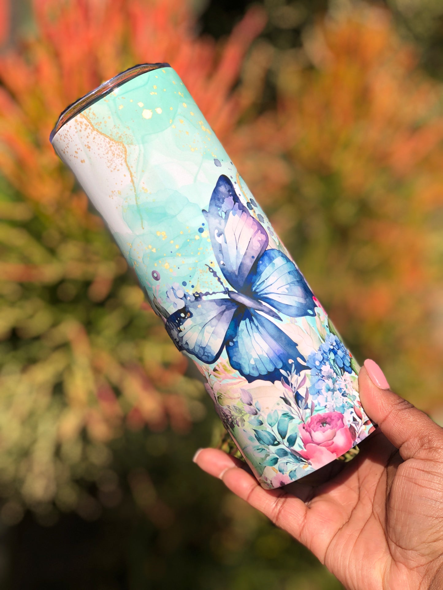 20oz Skinny Tumbler - Butterfly Watercolour Flowers
