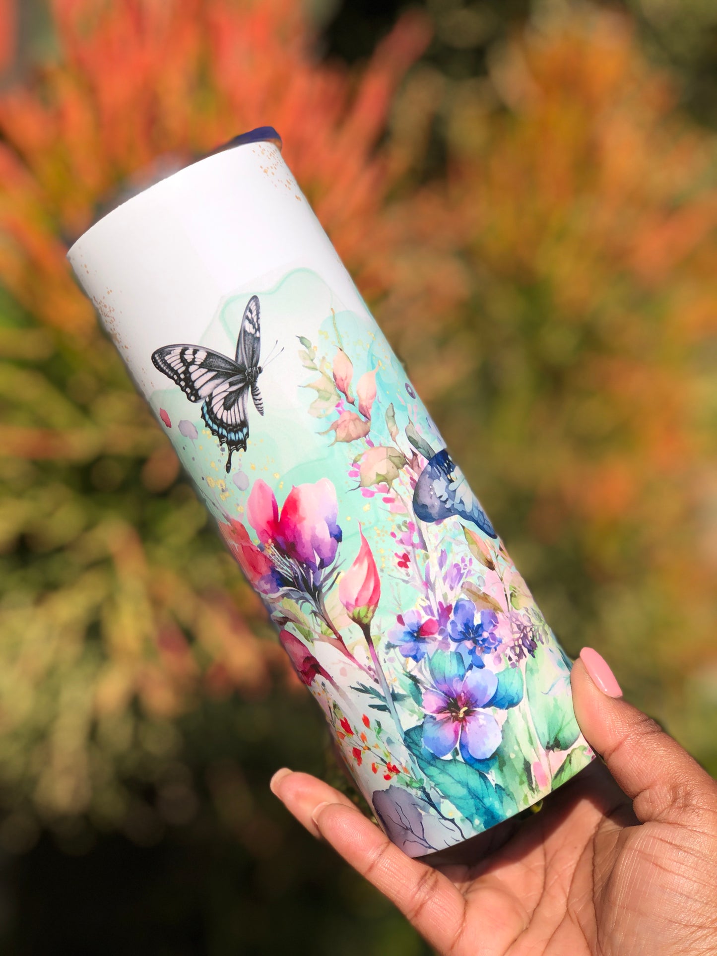 20oz Skinny Tumbler - Butterfly Watercolour Flowers