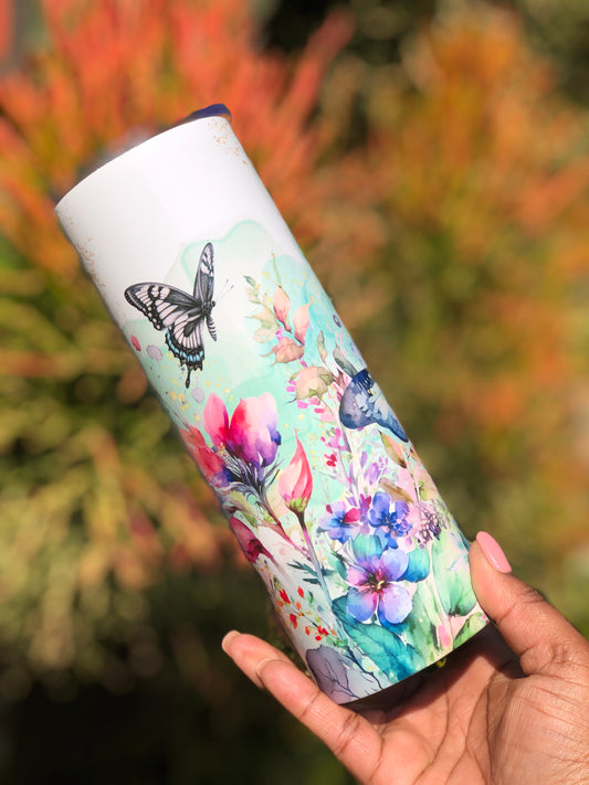 20oz Skinny Tumbler - Butterfly Watercolour Flowers