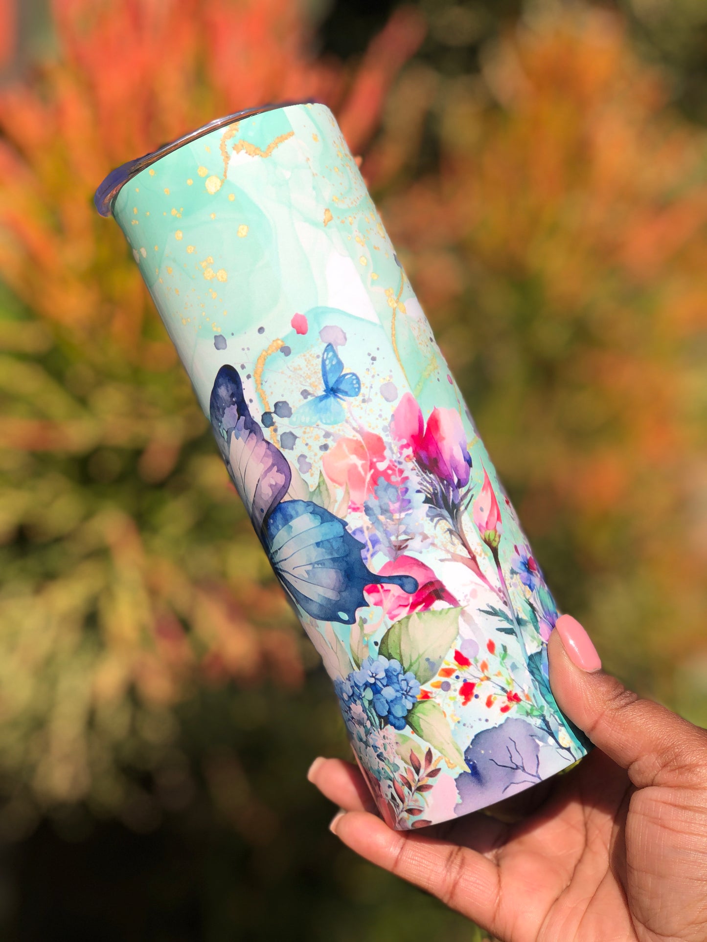 20oz Skinny Tumbler - Butterfly Watercolour Flowers