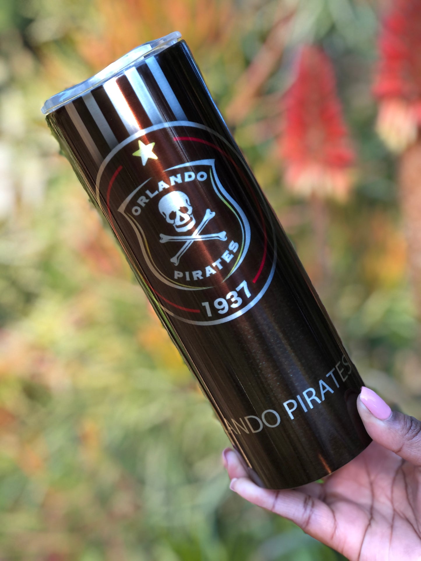 20oz Silver Skinny Tumbler - Orlando Pirates Black