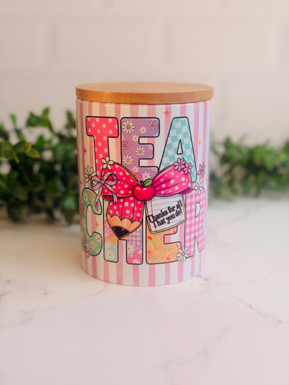 Ceramic Jar with Bamboo Lid - Teacher Pink Strip