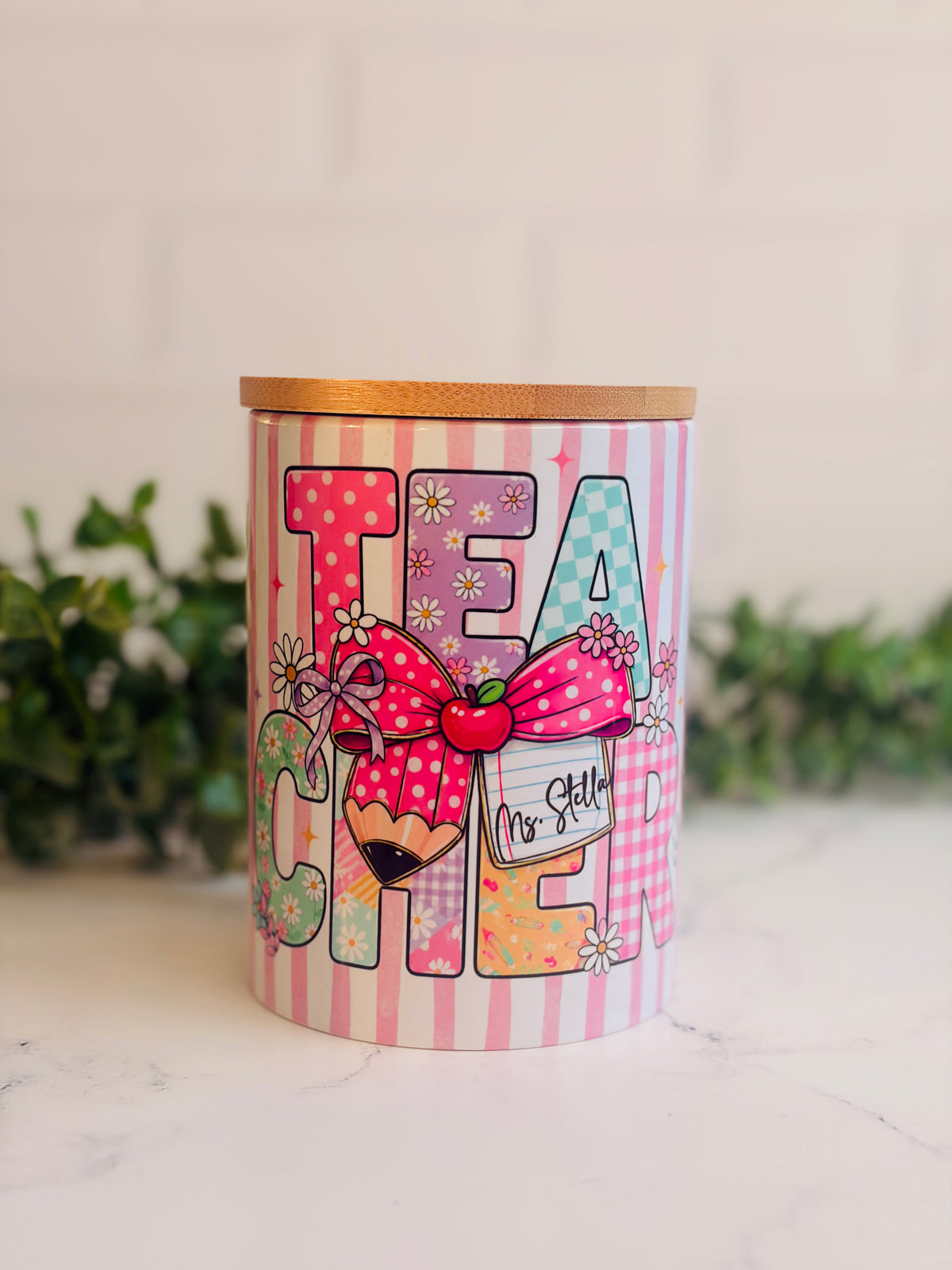 Ceramic Jar with Bamboo Lid - Teacher Pink Strip