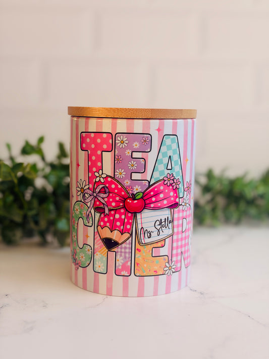 Ceramic Jar with Bamboo Lid - Teacher Pink Strip