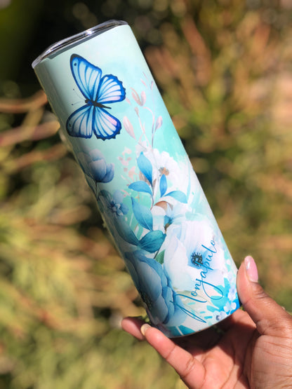 20oz Skinny Tumbler - Blue Butterflies and Florals