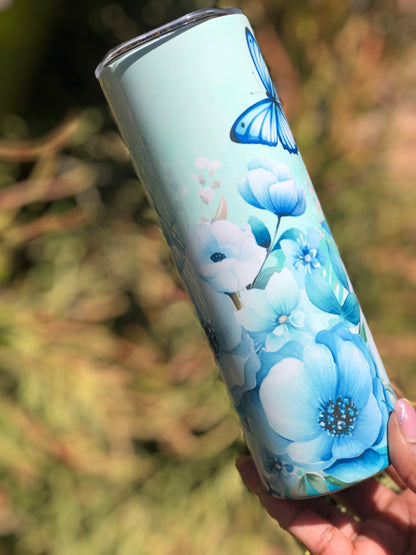 20oz Skinny Tumbler - Blue Butterflies and Florals