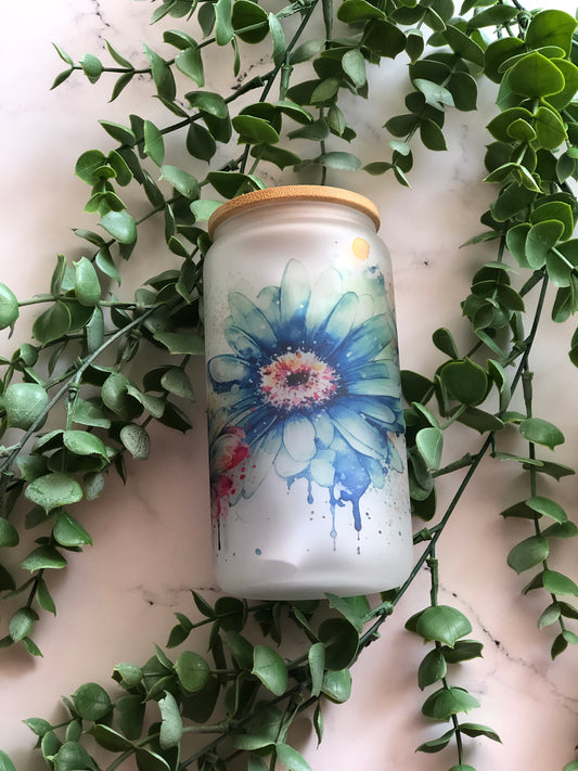 Frosted Glass Can - Watercolour Daisies