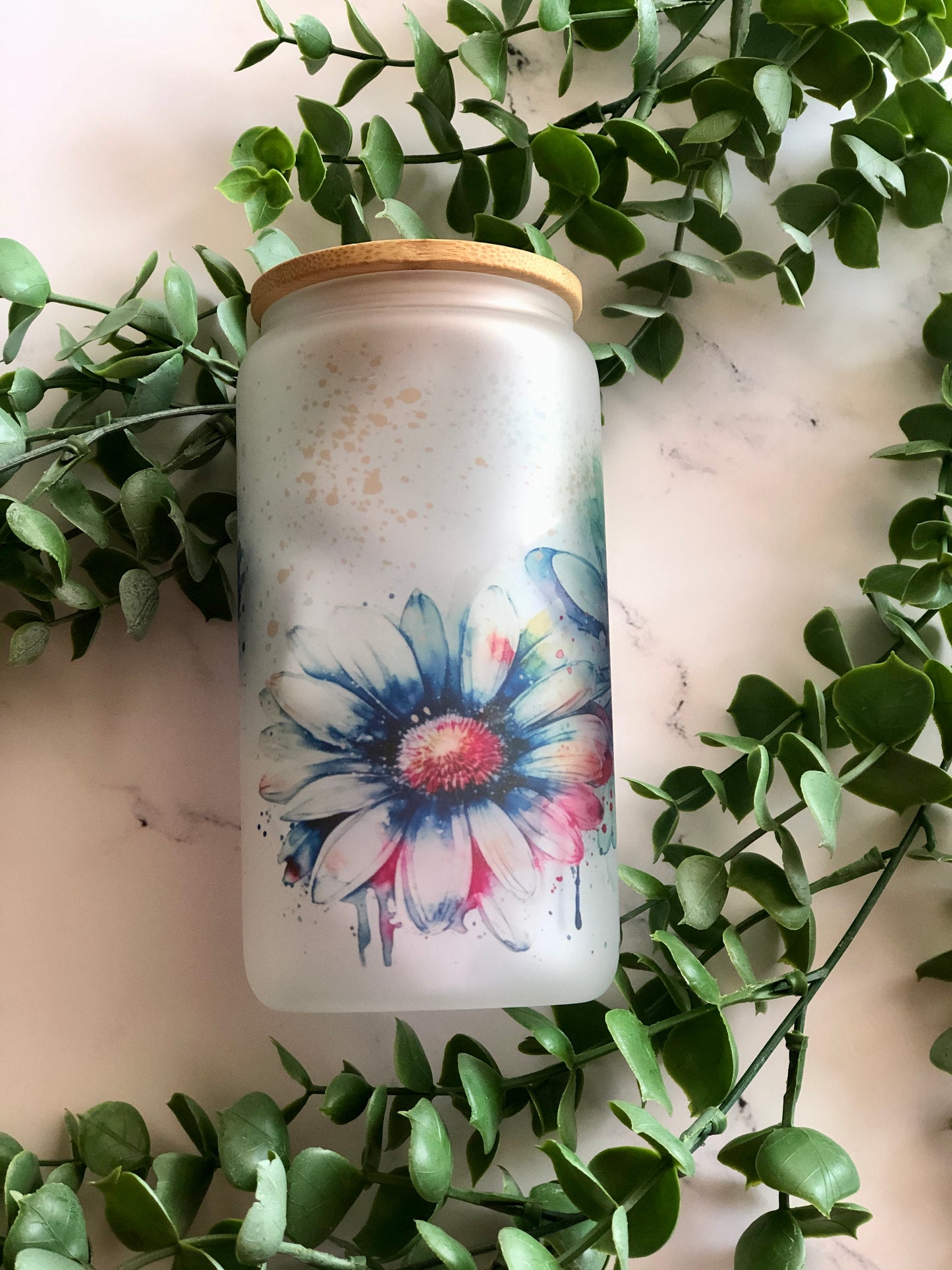 Frosted Glass Can - Watercolour Daisies