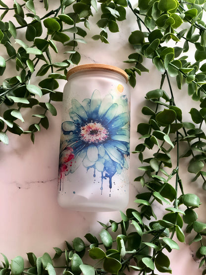 Frosted Glass Can - Watercolour Daisies