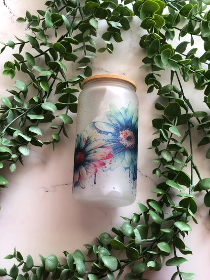 Frosted Glass Can - Watercolour Daisies